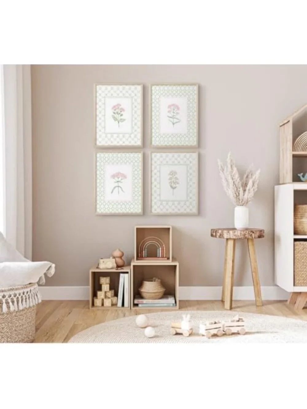 Floral Nursery Wall Art - Wildflower Canvas Decor for Baby Room, Pink & Green